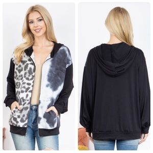 B35W🖤🤍Better than basic black+print hoodie w/zip front+black back4 chic look🖤